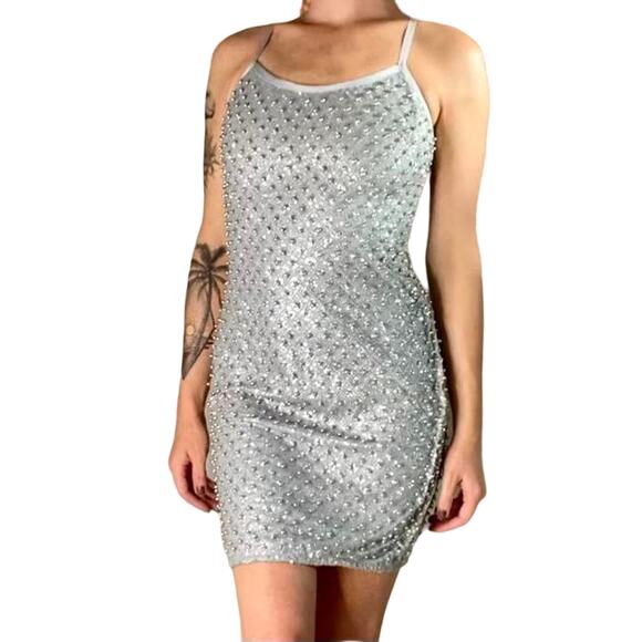 New Lascana Sparkly Glitter Embellished Beaded Sparkle Silver Bodycon Mini Dress - Picture 3 of 6